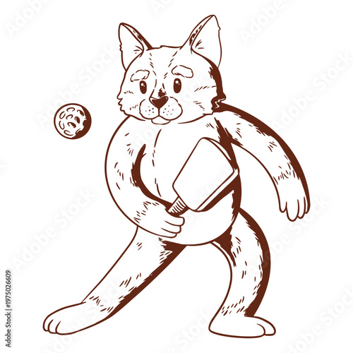 Black and white drawing of a cat holding a tennis ball