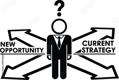 Businessman at Crossroads: New Opportunity vs. Current Strategy with Question Mark