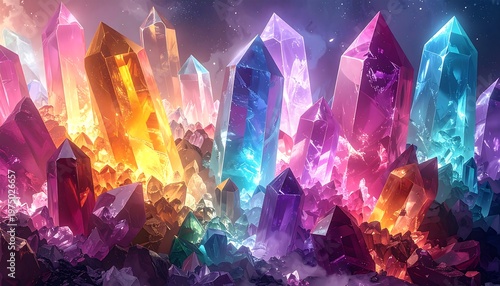 A vibrant, colorful collection of prismatic crystals bursting from a rocky terrain, illuminated by ethereal light amidst a cosmic background