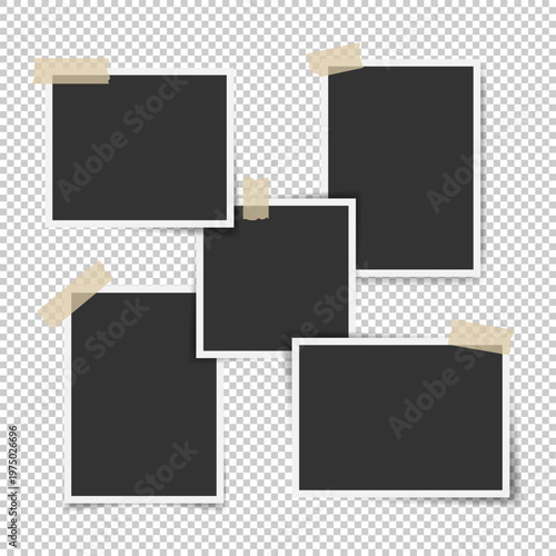 Taped photo collage template. Instant photo frame glued adhesive tape. Snapshot five empty frames layout. Scrapbook photos placeholders for social media, poster, album, interior design
