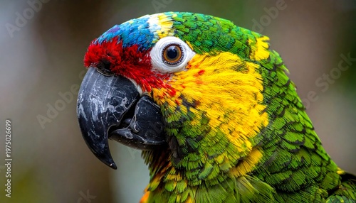 A vibrant close-up portrait of a tropical parrot showcases a kaleidoscope of colors. Its piercing eye conveys intelligence