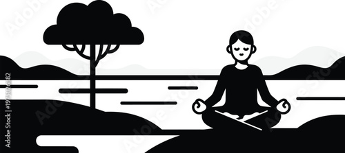 Person Meditating by Water and Tree in Minimalist Landscape