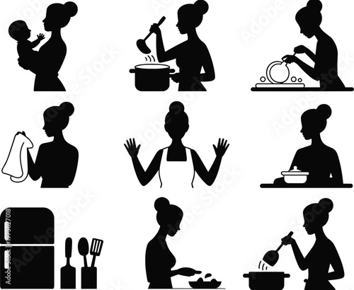 Housewife silhouette icon set with cooking, cleaning, childcare activities, kitchen tools, domestic life symbols, black vector illustration collection design