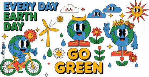 Cute Earth Day cartoon illustration with smiling planet characters, eco elements, go green message, sustainability concept, colorful environmental design