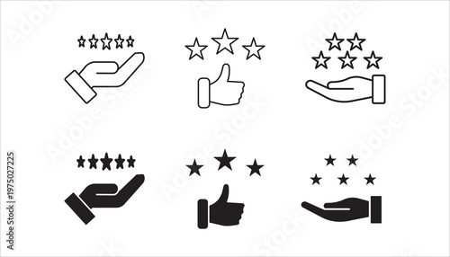 Five stars and hand, customer review, quality rating icon set,  vector stroke and color editable on white background