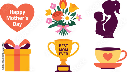 Mother's Day icon set with heart, flowers, mom and child silhouette, gift box, trophy, cup, cute vector illustration