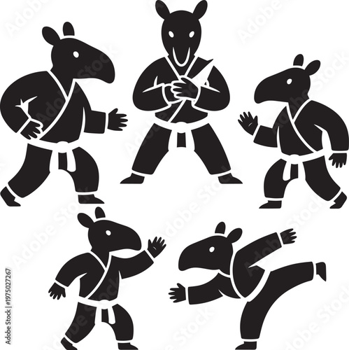 Anteater karate masters in 5 different poses wearing martial arts uniforms with black belts