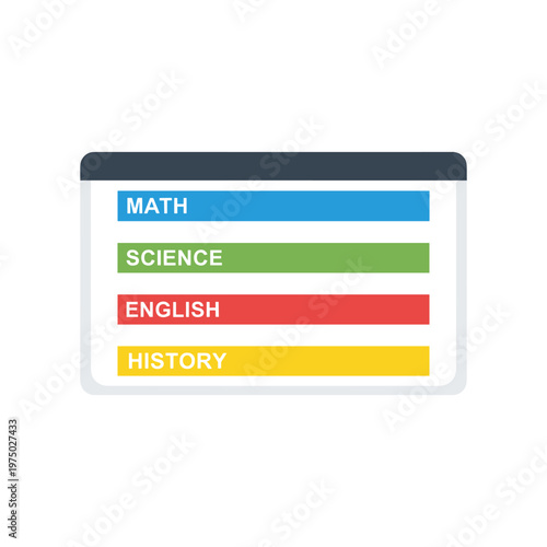 Online education program interface with subjects math science english history, digital learning platform display, academic course selection menu, e-learning content management system vector.
