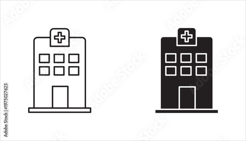 Hospital icon set,  black isolated icon with medical cross and person in bed symbols