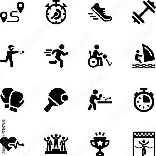 Sports and fitness vector icon set, running, stopwatch, dumbbell, boxing, table tennis, trophy, finish line, heartbeat