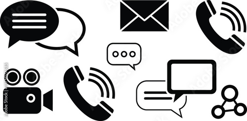 Communication Icons Set: Speech Bubbles, Phone, Mail, Video Camera, Network