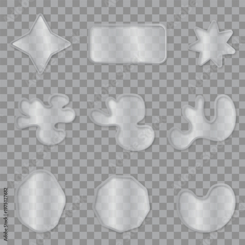 Collection of transparent ice shapes stars drops and geometric forms glass effect