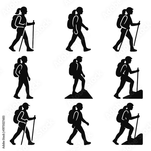 Professional mountain hikers silhouettes with backpacks and walking sticks for trekking adventure
