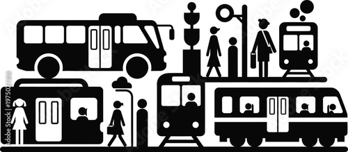 Public transport icons: bus, train, tram, passengers at station, city scene