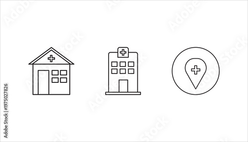 Hospital icon set,  black isolated icon with medical cross and person in bed symbols