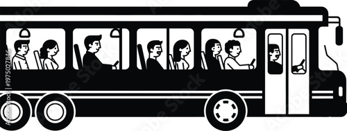 Black and White Illustration of People Riding in a Bus