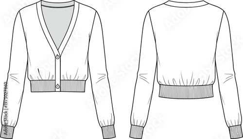 Foto Women's cropped cardigan fashion technical sketch, long sleeve v-neck buttoned sweater, front and back view, cad drawing flat vector illustration