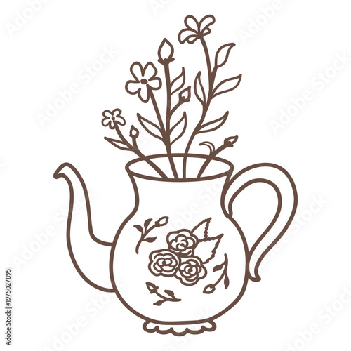 Illustration of a teapot with flowers in it