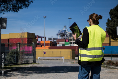 Obraz na płótnie Back view of a logistics coordinator using technology to manage shipping containers at a large international port