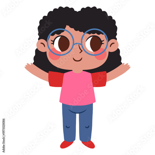 Girl with glasses is standing with her arms outstretched