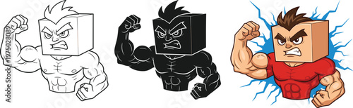 Set of three cartoon muscular box man characters showing biceps in line art, silhouette, and colored versions for fitness logos.