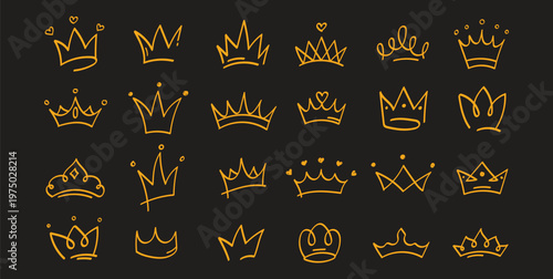 Crown monochrome oodle crayon hand drawn sketches set. Pencil king queen royal diadem vector line art. Textured chalk graffiti spray illustration collection