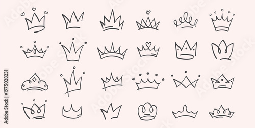Crown monochrome oodle crayon hand drawn sketches set. Pencil king queen royal diadem vector line art. Textured chalk graffiti spray illustration collection