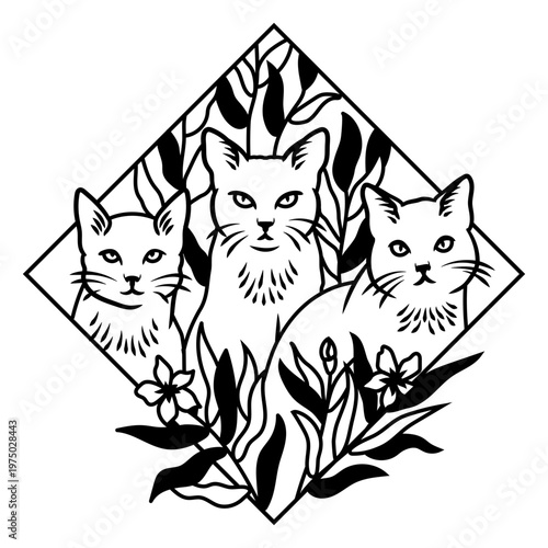 Elegant cat trio illustration with botanical elements