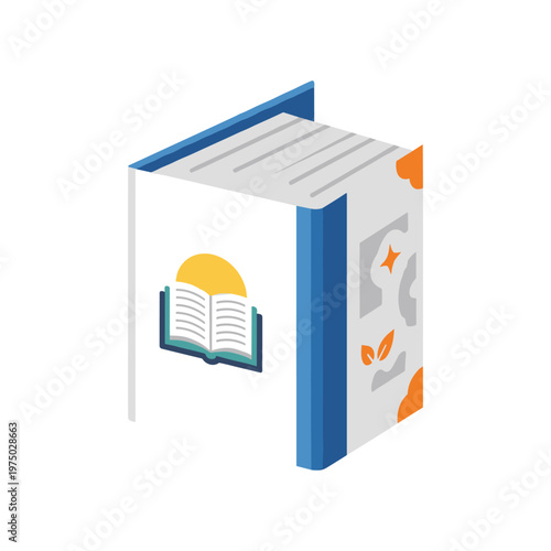 Hardcover book with open pages symbol and sun icon representing educational enlightenment or knowledge sharing for library services and academic learning resources displayed in isometric perspective.