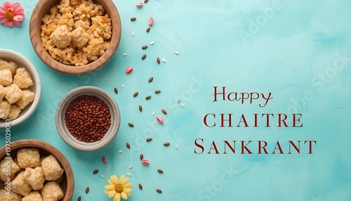 Happy Chaitre Sankrant greeting background with bowls of traditional grains and seeds on light blue textured background