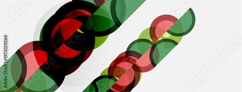 Abstract design features overlapping circles, red, green, black hues. Diagonal composition creates dynamic visual impact. Minimalist style.