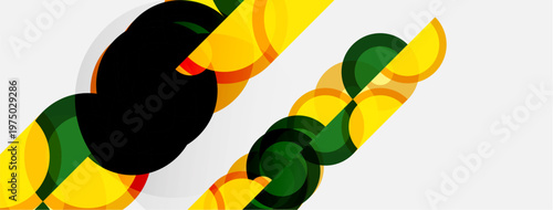 Abstract design features overlapping circles, yellow, green, black hues. Diagonal white stripe divides composition. Modern, minimalist aesthetic.