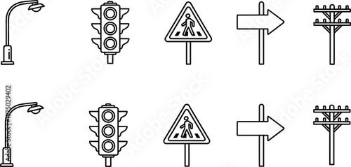 A collection of black and white line art depicting various road signs traffic lights and street lamps high quality professional detailed
