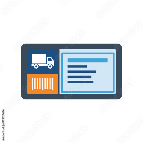 Digital label with truck icon and barcode for shipping and logistics, flat design representation of delivery and tracking services, data on screen.