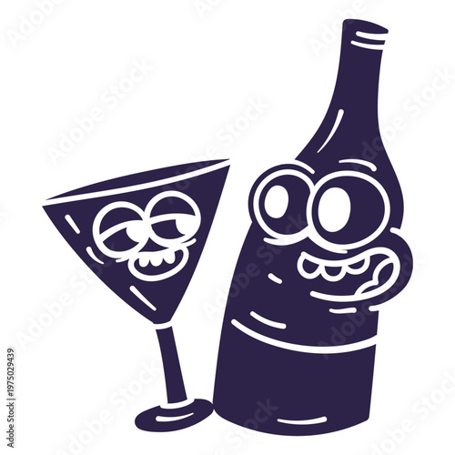 Purple wine bottle and a glass of wine