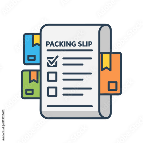 Packing slip document with check boxes for order fulfillment and multiple delivery boxes, flat vector illustration for logistics and shipping services.