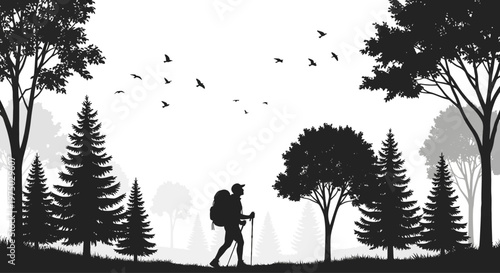 Silhouette of a hiker with backpack and trekking poles walking.