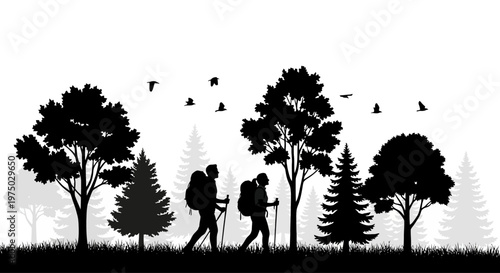 Silhouette of two hikers with backpacks and trekking poles in the forest.