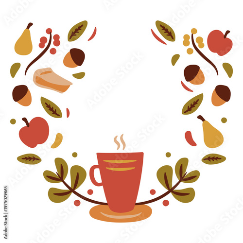 Wreath with a cup of coffee, apples and pears