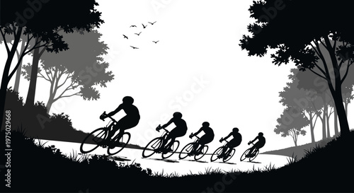 cyclists riding bicycles in a line.