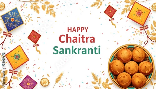 Happy Chaitra Sankranti greeting background with traditional sweet laddu in bowl colorful flying kites and floral decor