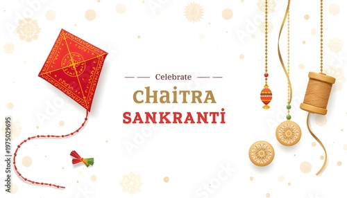 Celebrate Chaitra Sankranti festive background with traditional red kite hanging ornaments and thread spool on white