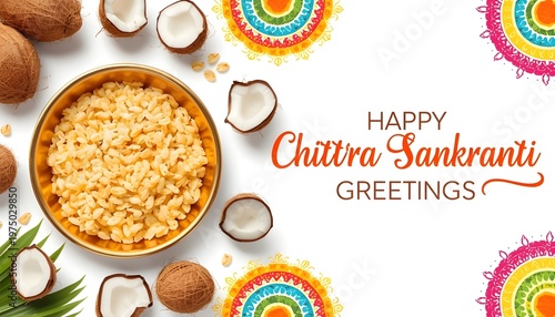 Happy Chittra Sankranti greetings background with golden bowl of grains coconut pieces and colorful mandala art on white