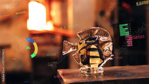 Camera racking focus toward glass fish in glass studio, HUD circling sculpture for review