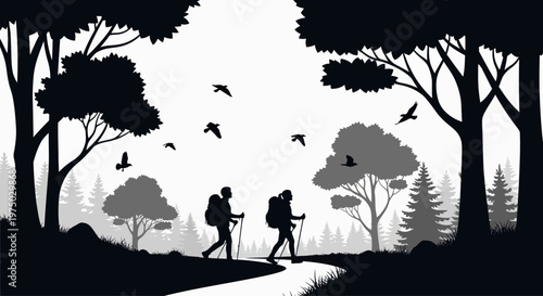 Two Hikers Walking on Forest Path.