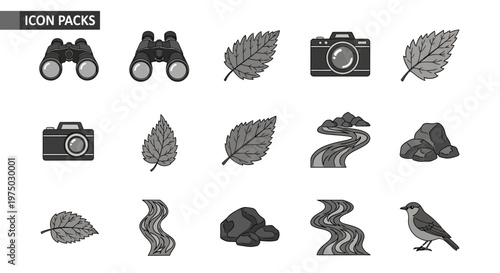 Hand drawn vintage nature and outdoor exploration icon pack set.