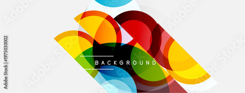 Abstract colorful shapes overlap, creating dynamic visual effect. Bright hues blend with transparency, forming modern background design.