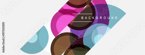 Abstract geometric shapes overlap. Colors include purple, blue, brown, pink. Minimalist design with white background. Modern style.