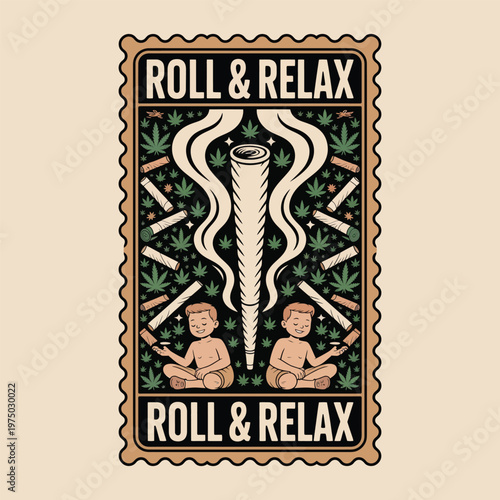 Vintage style 'roll relax' stamp with cannabis imagery and cherubic figures t shirt design