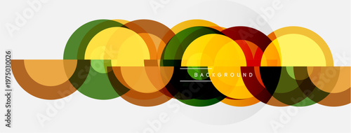 Overlapping circles create abstract design. Colors include yellow, green, brown, orange. Simple background provides contrast.